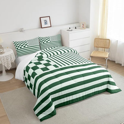 Green Plaid Comforter Set Fashion Buffalo Check Bedding Set Green Stripes Geometric Bedding Home Decor Modern Simple Style Comforter Queen Size Quilted Duvet Set 1 Comforter with 2 Pillowcase