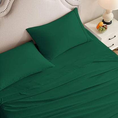 King Size Sheets Set, 4 Pieces Hotel Luxury Soft Microfiber Bed Sheets Set, Up to 16" Deep Pockets, Oeko-Tex Sheets with Elastic, Breathable, Wrinkle Free (Forest Green, King)