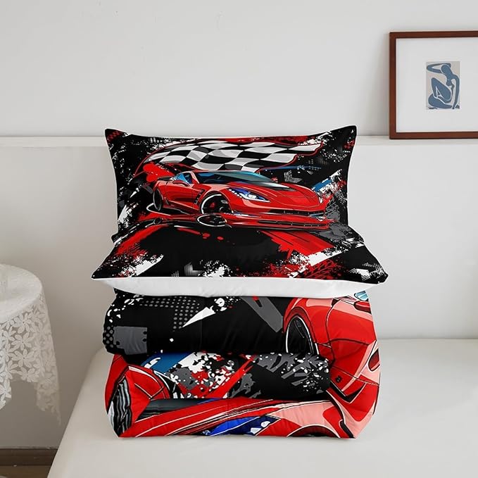Feelyou Car Bedding Set for Boys Toddler Size Racing Sports Car Comforter Kids Extreme Sports Theme Comforter Set Girls Children Bedroom Teens Cool Speed Automobile Decor Bed Duvet Set Lightweight