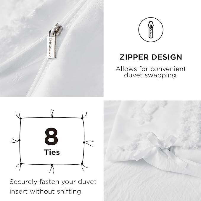 Bedsure Boho Duvet Cover Queen Size, Soft & Comfortable Elegant Design Boho Bedding for Decoration, Machine Washable Comforter Cover for All Seasons,Includes 1 Duvet Cover & 2 Pillow Shams,White