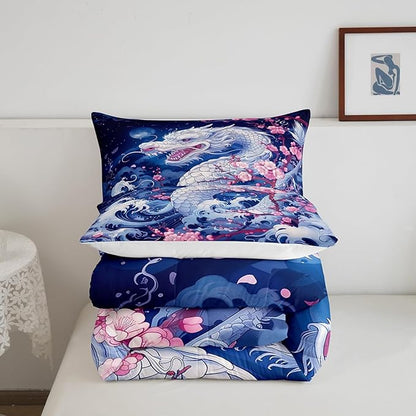 Dragon Comforter Set Queen Size,Japanese Style Pink Cherry Blossom Bedding Set 3Pcs,Kids Girls Boys Teens Bedroom Decor,Blue Sea Waves Quilt Set Magical Wild Animals Duvet Insert,2 Pillowcases