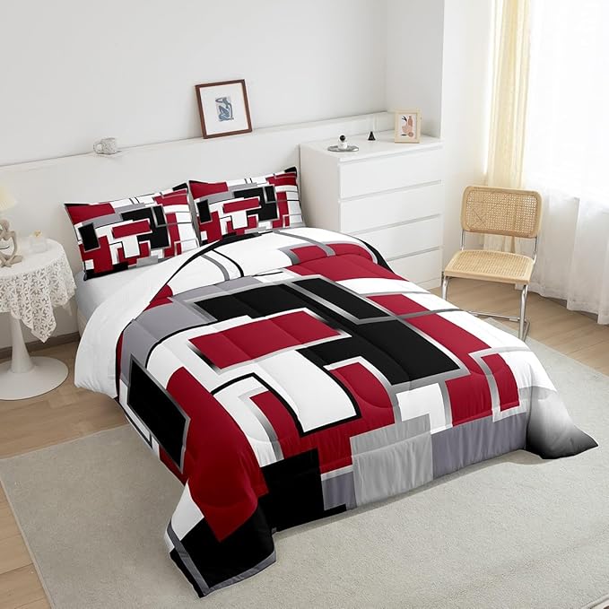 Erosebridal Modern Queen Comforter Set,Black White Red Bedding Set for Teens Youth Adult,Geometric Plaid Square Quilt Set,Contemporary Artwork Duvet Insert with 2 Pillowcases