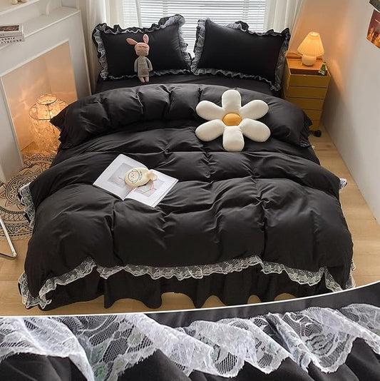 MOOWOO Chic Ruffle Lace Polyester Duvet Cover Set - Luxury Premium Black Bedding-2 Piece Twin Duvet Cover with Zipper Closure -Ultra Soft and Light Weight(Black, Twin)