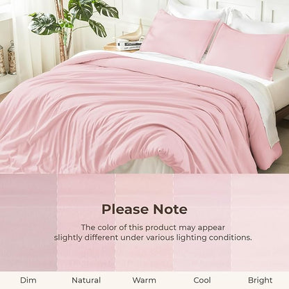Litanika Pink Comforter Set Queen Size, 3 Pieces Lightweight Soft Fluffy Solid Bedding Set, All Season Bed Set (90x90In Comforter & 2 Pillowcases)