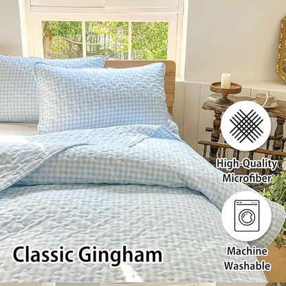 NSNLGSGC Light Blue Gingham Twin Quilt Set, Soft Pre-Washed Microfiber Blue Plaid Twin Bedspread, Lightweight Checked Summer Quilt, Grid Bedding Coverlets for All Seasons