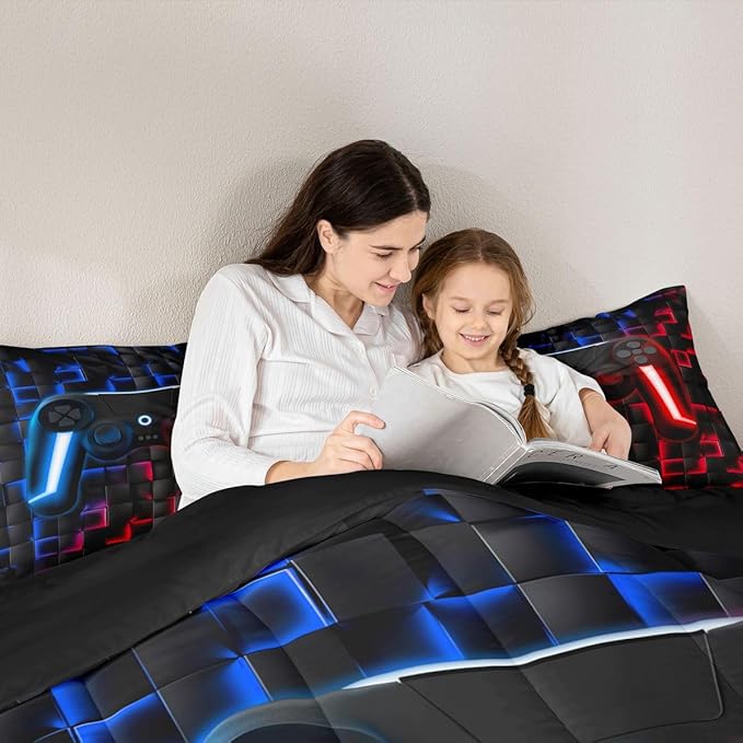 Erosebridal Kids Gaming Comforter Sets Boys King Geometric Gamer Comforter Neon Lights Red Indigo Blue Game Console Teen Boy Bedding Set 3D Ombre Checkered Gamepad Decor Quilt Duvet for Game Room