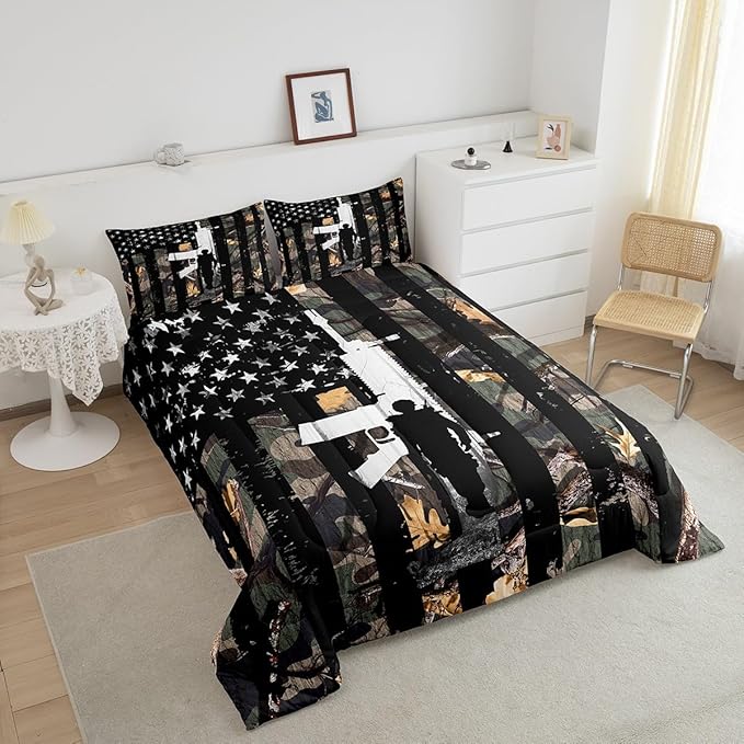 Castle Fairy American Flag Comforter Set King,Camouflage Camo Kids Boys Men Bedding Decor,Vintage Stripes Comforter with 2 Pillowcases,Green Leaves Quilt Set 3 Pcs,Shooting Theme Game Room Decor