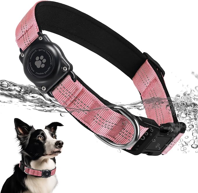 Upgrade Dog Collar with AirTag Holder, IP68 Waterproof, Pink, XL | Built-in Water Resistant AirTag holder, 1000D Nylon, Reflective Stitching for Night Visibility, Soft padding for Comfort