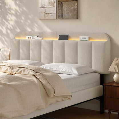Adjustable Headboard for King/California King Size Bed Frame, Linen Fabric Bed Headboard with Storage & RGB LED Light in Modern Vertical Channel Design, White