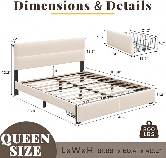 Queen Bed Frame with 2 Storage Drawers, Beige Velvet Upholstered | Platform Bed with Charging Ledge, LED Headboard Lighting, Metal Support, Noise Free, No Box Spring Needed, Easy Assembly