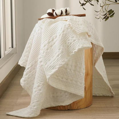 PHF 100% Cotton Waffle Weave Throw Blanket, Soft Lightweight Breathable Cozy Throws for Couch Bed Sofa, Luxury Aesthetic Blanket Gift for Home Decor & Office, 50"x60", Ivory