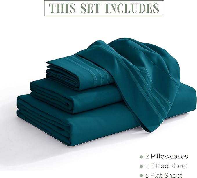 Elegant Comfort Luxurious 1500 Premium Hotel Quality Microfiber Three Line Embroidered Softest 4-Piece Bed Sheet Set, Wrinkle and Fade Resistant, Full, Marine Teal