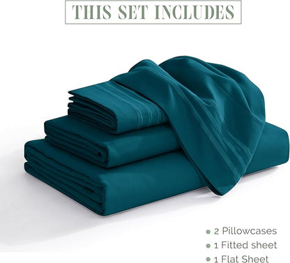 Elegant Comfort Luxurious 1500 Premium Hotel Quality Microfiber Three Line Embroidered Softest 4-Piece Bed Sheet Set, Wrinkle and Fade Resistant, Queen, Marine Teal