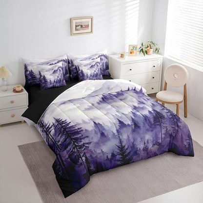 Erosebridal Purple Misty Forest King Bed in A Bag 7 Piece Mountain Foggy Woodland Comforter Set with Sheets Rustic Pine Tree Bedding Sets for Kids Adults,Watercolor Nature Theme Bed Set