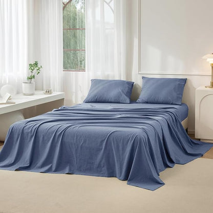 JIYUAN King Size Sheet Set, 4-Piece - 100% Washed Cotton, Linen-Like Soft & Breathable, Includes Deep Pocket Fitted & Flat Sheet with 2 Pillowcases, Hotel Quality, Heathered Blue