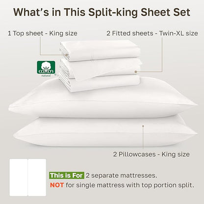California Design Den Split King Sheets Sets for Adjustable Bed, Soft 800 Thread Count Sateen, 100% Cotton Set, Includes Twin XL Fitted Sheets - True Ivory