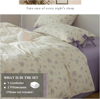 VM VOUGEMARKET Purple Flower Comforter Set King,Vintage Botanical Bedding Set 1 Lavender Floral Comforter and 2 Pillowcases with Bowknot for Women(3pcs,104x90Inch)