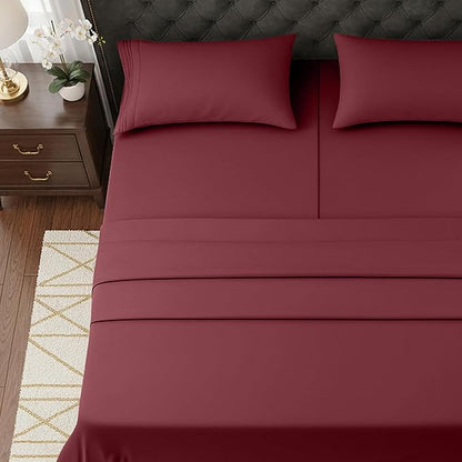 Elegant Comfort Luxurious 1500 Premium Hotel Quality Microfiber Three Line Embroidered Softest 5-Piece Bed Sheet Set, Wrinkle and Fade Resistant, Split King, Burgundy