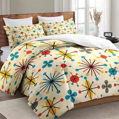 Queen Size Comforter Set with 2 Pillowcases, Mid Century Retro 50S Atomic Soft 3 Pcs Bedding for Kids and Adults Bedroom Bed Decor