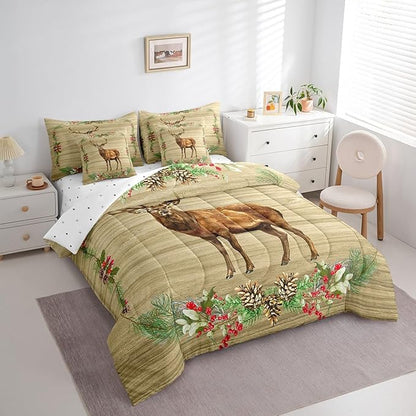 Elk Deer Bed in a Bag King Size Comforter Set 7 Pieces,Woodland Animals Bedding Sets Botanical Pinecone Sheet Set with Comforter
