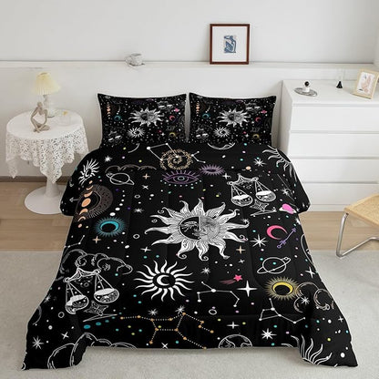 Bohemian Sun Moon Comforter Set Queen Trippy Stars Style Bedding Sets For Kids Teens Zodiac Libra Pattern Duvet Insert Universe Planet Bedding Boho Moon Phase Bedding Comforter Set Home Decor, Black