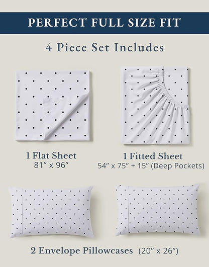 LANE LINEN 100% Organic Cotton Full Sheets Set, Percale Fully Elasticized Mercerized Soft & Comfy Machine Washable Printed Cotton Sheet Set, Eco Friendly Printed Full Size Bedding- Polka Dot