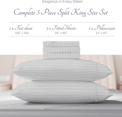 Carressa Linen Striped Split King Sheets Sets for Adjustable Bed - 100% Egyptian Cotton 600 Thread Count 5 PC Top Split King Sheet (Silver), 16" Deep Pocket Soft Cooling Luxury Hotel Damask Sheets