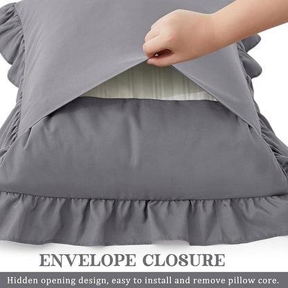 KKJIAF Ruffle Pillow Cases King Size Set of 2, Ruffled Pillow Covers with Envelope Closure, Wrinkle Resistant Ruffled Pillow Shams 20" x 36", Grey