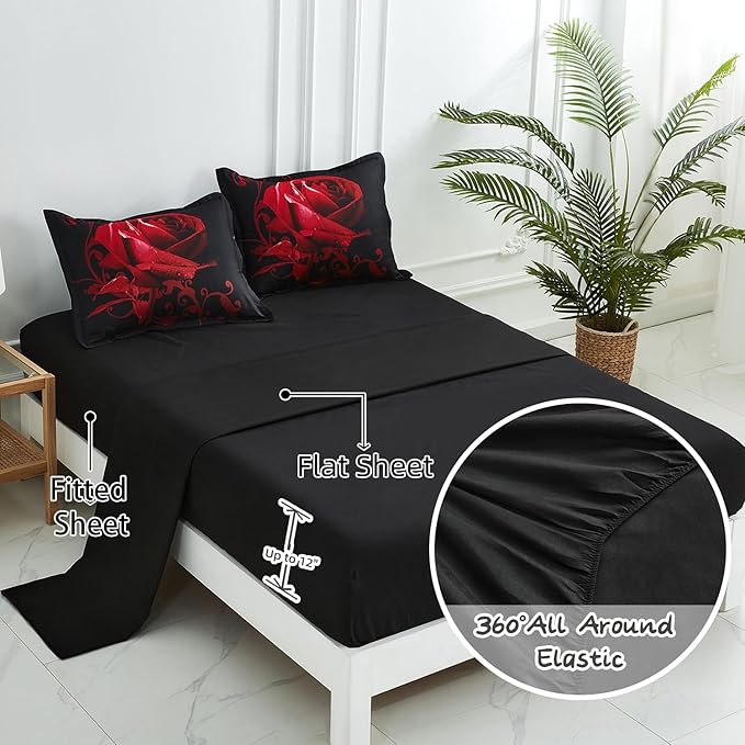 Red Comforter Set Full 7 Piece Bed in a Bag Red Rose Flower Comforter with Sheet Set Soft Micorfiber Reversible Bedding Set (1 Comforter,2 Pillow Shams,1 Flat Sheet,1 Fitted Sheet,2 Pillowcases)