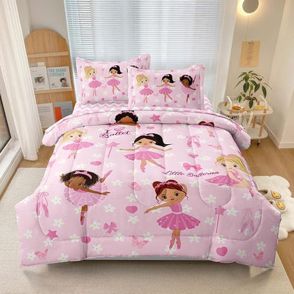 Twin Bedding Set for Girls Kids 5 Pieces Comforter Sets Bed in a Bag Pink Floral Ballerina Bedding Comforter Sheet Set Cute Bedroom Decor