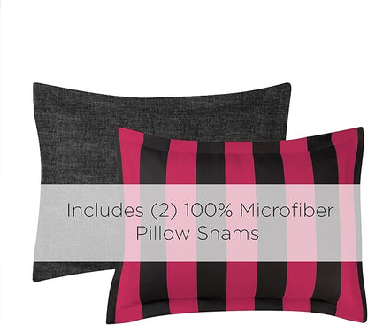 Juicy Couture Cabana Stripe Reversible Bedding Set - King Size - Black and Hot Pink Stripe Print – 6 Piece Set – Includes 1 104" x 90" Comforter, 3 Decorative Pillows, 2 Shams
