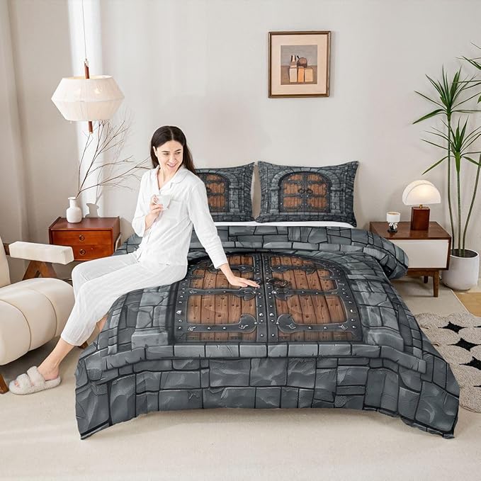 Castle Walls Bed Comforter Set Queen Size,Knight Wall Super Soft Microfiber Bedding Set for Girls Boys,Fairytale Medieval Themed Decorative Quilter Set 3 Pcs