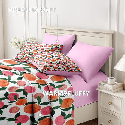 Nesker Comforter Set Full Size, Floral Pink Peach 7 Pcs Bedding for Kids and Adults, Sweet Fruit Vintage Bed Sheet Sets with Fitted Sheet 2 Pillowcases & 2 Shams
