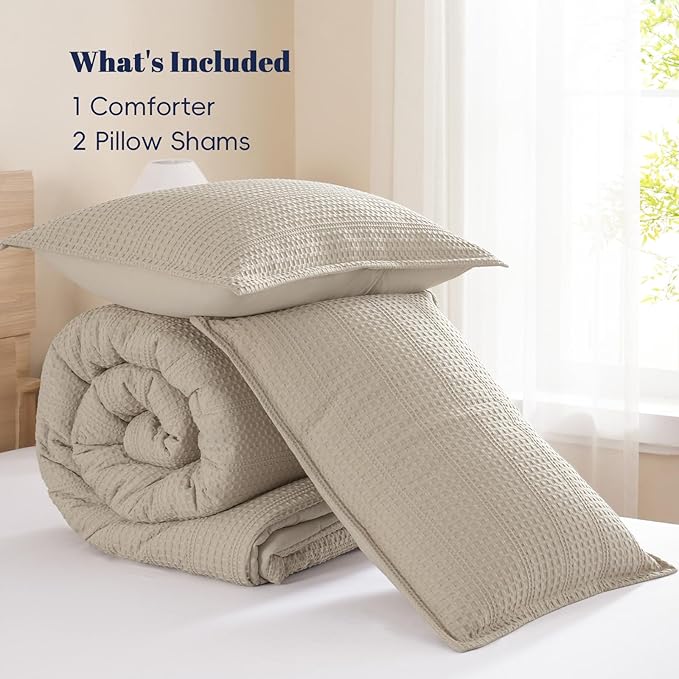 PHF Soft Waffle Comforter Set King Size- Comfy Breathable Waffle Weave Comforter with 2 Pillow Shams, 3 Pieces Less Snagging Lightweight Textured Bedding Set for All Season, Natural/Linen
