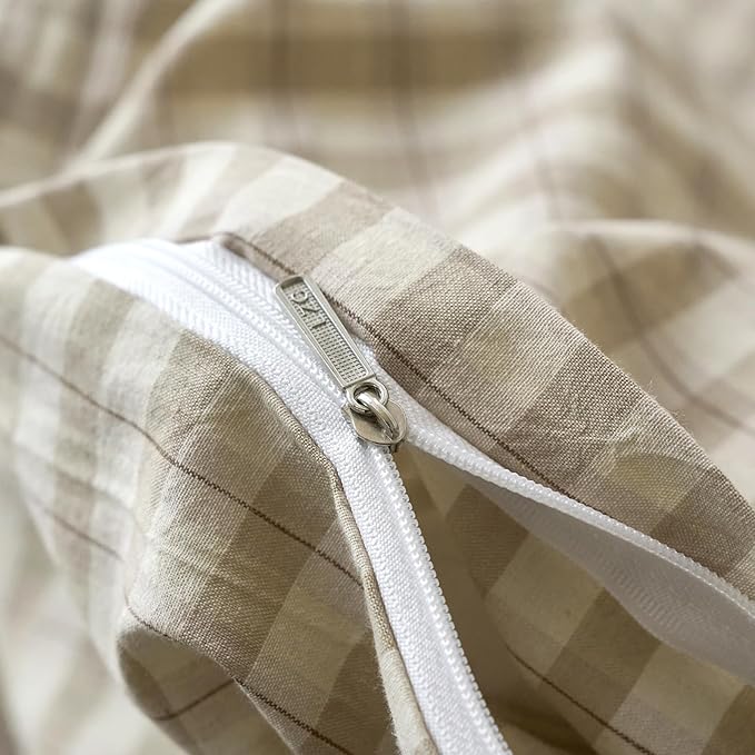 Taupe Plaid Gingham Duvet Cover King 3 Pieces Checkered Grid Duvet Cover 100% Washed Cotton Beige & Mocha Plaid Comforter Cover with Zipper Closure 2 Pillowcases Luxury Soft Breathable Bedding Set