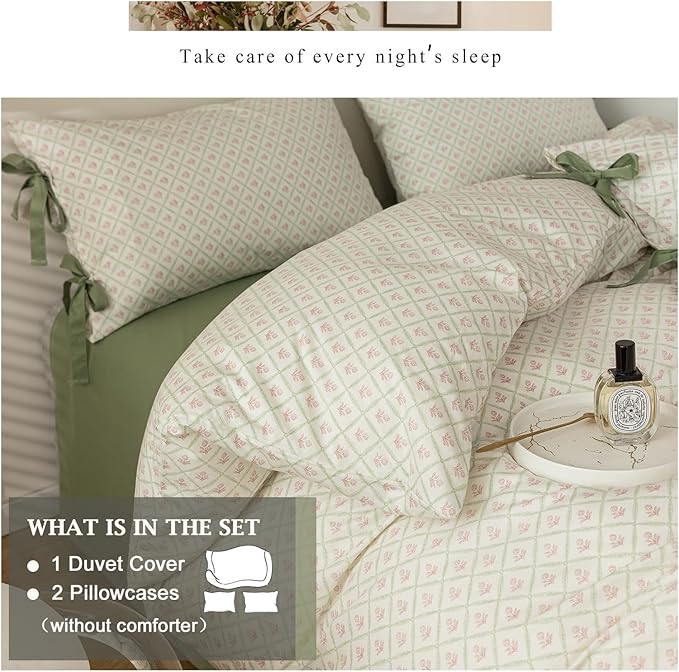 VM VOUGEMARKET Red Flower Duvet Cover Full,100% Cotton Bedding Set,Green Plaid Grid Comforter Cover with Zipper Closure,80x90 Inch