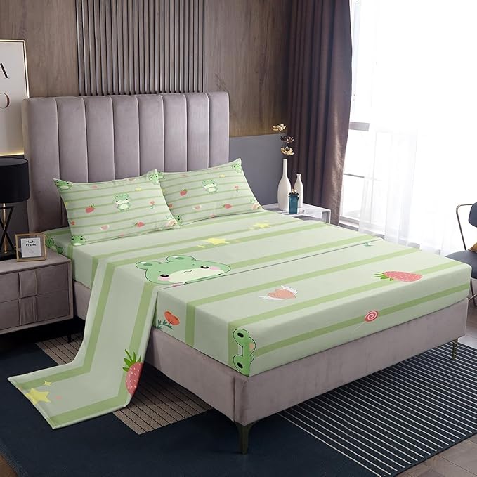 Cute Frog Bed Sheet Set for Kids,Pink Strawberry Sweet Fruits Sheets Set,Light Green Frogs Stripes Home Decor Sheet Sets with Deep Pocket,Top Sheet,1 Pillow Case,Twin