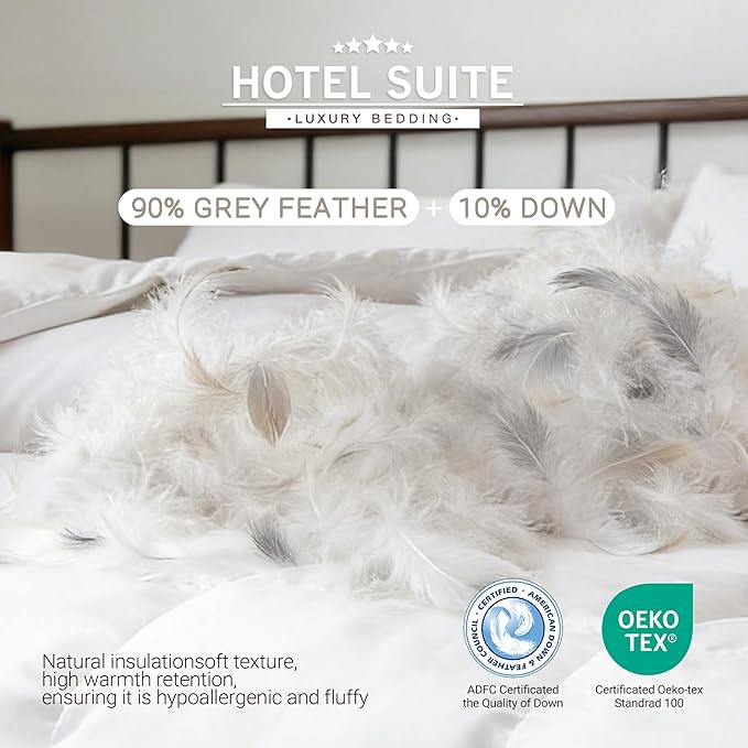 Hotel Suite Feather Down Comforter, Natural Fluffy Duvet Insert, Luxurious Hotel Collection Quilts, All Season Bedding Comforter, 100% Cotton Cover（King Size, 104 x 88 Inch, White）