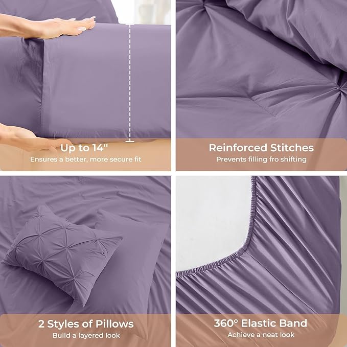 Sasttie Full Size Comforter Set, 7-Piece Bed in a Bag, Pintuck Bedding Set for All Season, Includes Comforter, Flat Sheet, Fitted Sheet, Pillowcases and Pillowshams, New Purple