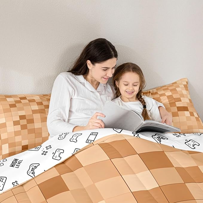 Pixelated Miners Blocks Kids Bedding Set King Size,Patchwork Square Video Games Comforter Set,Geometric Patchwork Grid Quilt Comforter,Light Brown Bedroom Duvet Insert,2 Pillowcases