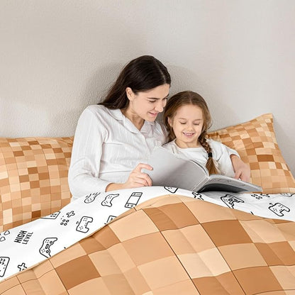 Pixelated Miners Blocks Kids Bedding Set King Size,Patchwork Square Video Games Comforter Set,Geometric Patchwork Grid Quilt Comforter,Light Brown Bedroom Duvet Insert,2 Pillowcases