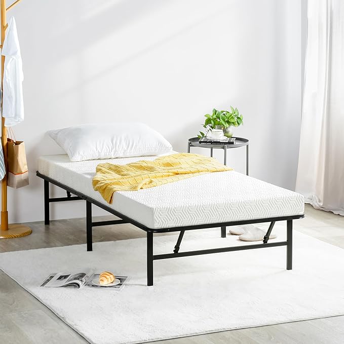 Olee Sleep 14 Inch Foldable Metal Platform Bed Frame, Steel Mattress Foundation, Comfort Base, Easy Under Bed Storage, No Box Spring Needed, Twin Size