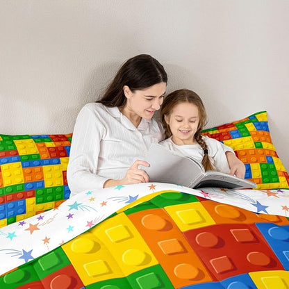 Feelyou Games Comforter Set Twin Size Building Blocks Bedding Set for Kids Boys Girls Colorful Geometric Toy Brick Comforter Gaming Nursery Quilt Duvet Set with 1 Pillowcase Boys