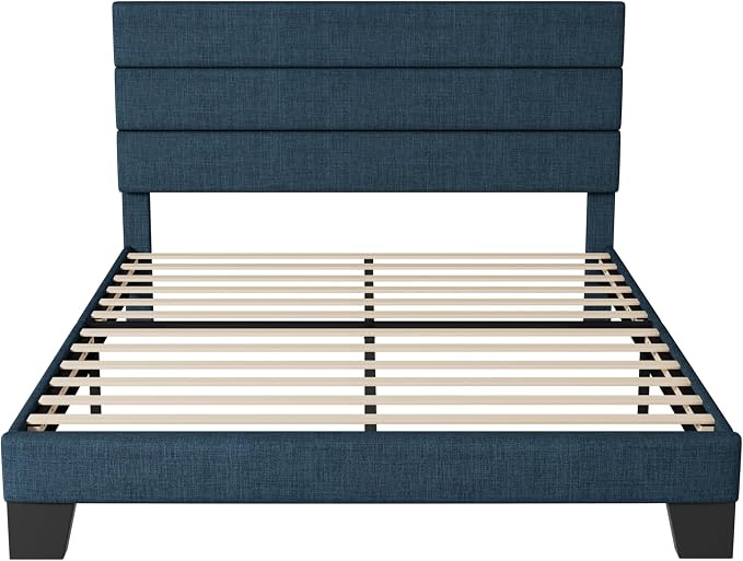 Allewie Queen Size Platform Bed Frame with Fabric Upholstered Headboard | Wooden Slats Support, Fully Upholstered Mattress Foundation, No Box Spring Needed, Easy Assembly, Noise-Free, Blue