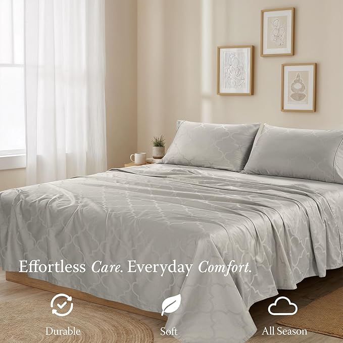 Threadmill Cotton Twin XL Sheet Set | 100% Cotton Sheets for Twin XL Size Bed | Damask Jacquard Sateen Twin XL Bed Sheets Set with 16” Deep Pocket | Soft Breathable 3-Piece Cooling Sheets | Light Grey