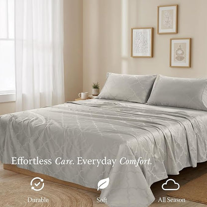 Threadmill Cotton Twin XL Sheet Set | 100% Cotton Sheets for Twin XL Size Bed | Damask Jacquard Sateen Twin XL Bed Sheets Set with 16” Deep Pocket | Soft Breathable 3-Piece Cooling Sheets | Light Grey