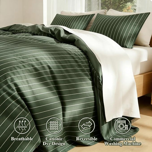 Striped Comforter Set King Size - 3 Pieces Green White Striped Comforter Bedding Sets Checkered Pattern,Kingsize Bed in a Bag with Stripes Comforter and 2 Pillowcases