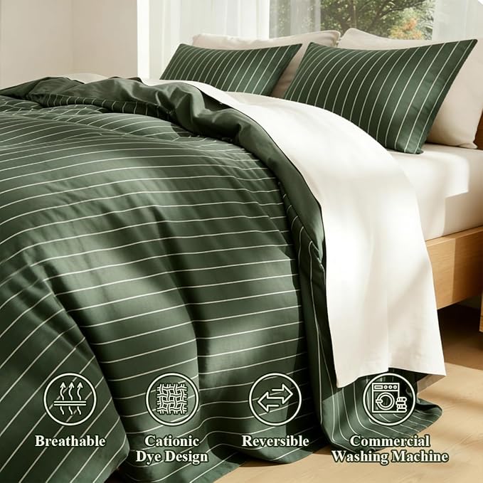 Striped Comforter Set Queen Size - 3 Pieces Green White Striped Comforter Bedding Sets Checkered Pattern,Queen Bed in a Bag with Stripes Comforter and 2 Pillowcases