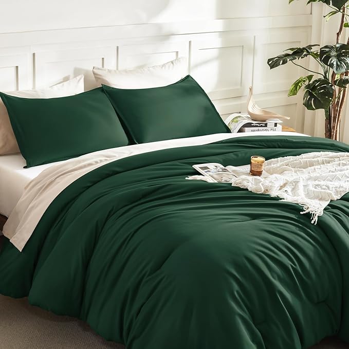 Litanika Dark Emerald Green Twin/Twin XL Comforter Set, 2 Pieces Solid Forest Bedding Set, All Season Fluffy Bed Set (66x90In Comforter & 1 Pillowcase)