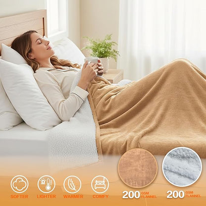 Electric Heated Blanket Throw Size 50''x60''-Control Heating Blanket, Soft & Warm Flannel 10-Level Temperature Control, 8 Hours Auto Off, Rapid Heating & Overheat Protection
